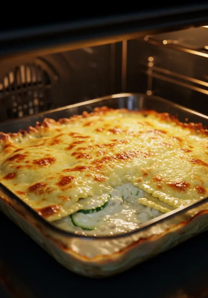 gratin de ravioles aux courgettes en pleine cuisson