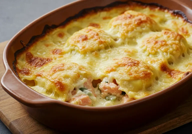 Gratin de ravioles au saumon doré et croustillant