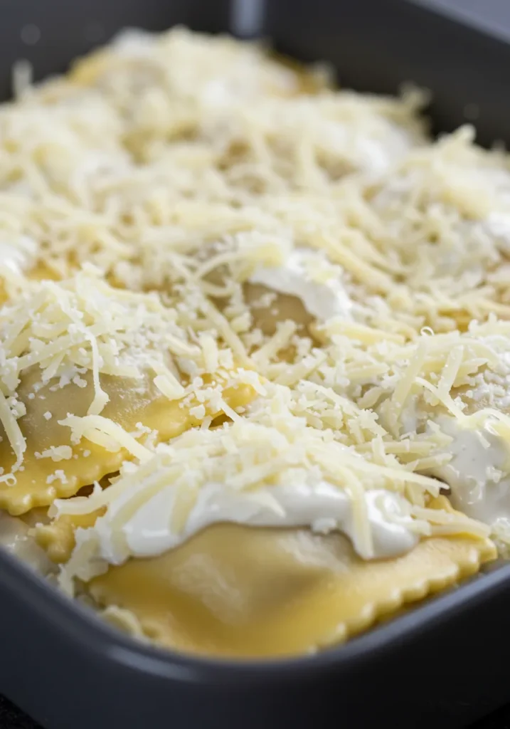 Étapes de préparation d’un gratin de ravioles au fromage