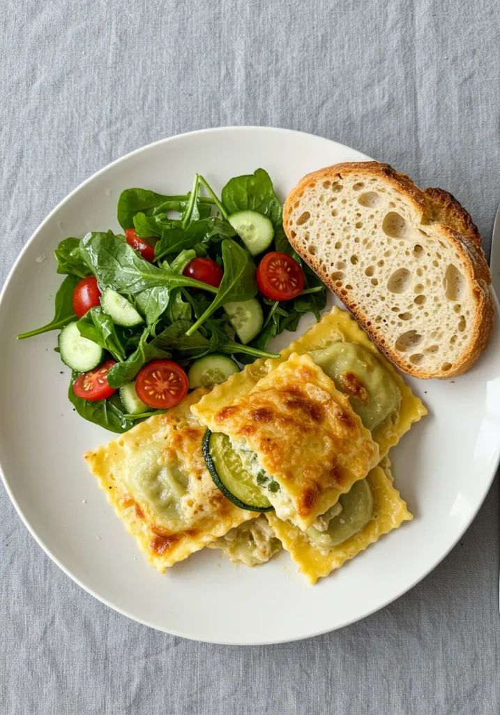 gratin de ravioles aux courgettes avec salade