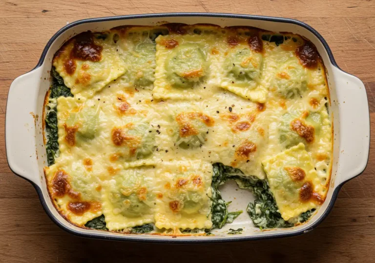 Gratin de ravioles aux épinards doré et crémeux
