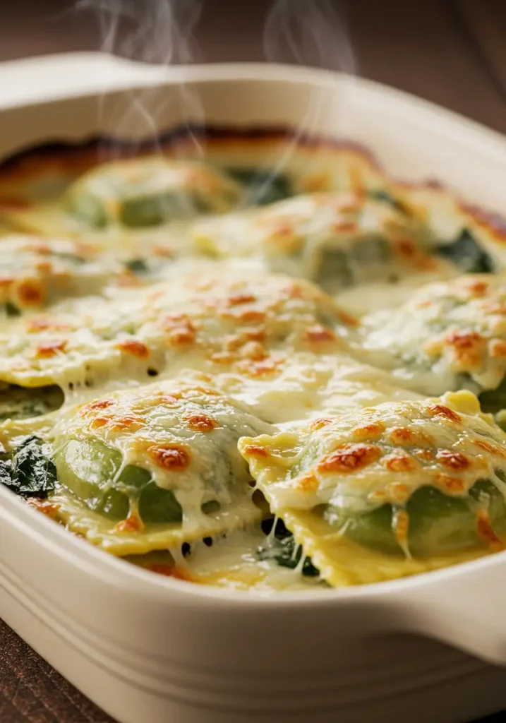 Gratin de ravioles aux épinards doré sorti du four