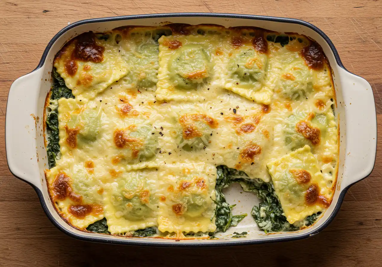 Gratin de ravioles aux épinards doré et crémeux