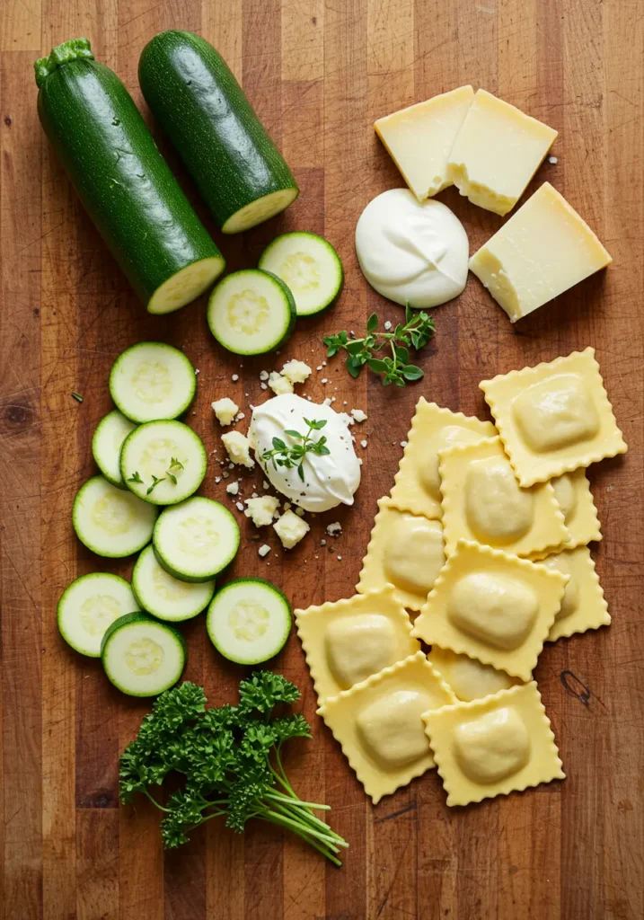 ingrédients pour un gratin de ravioles aux courgettes maison