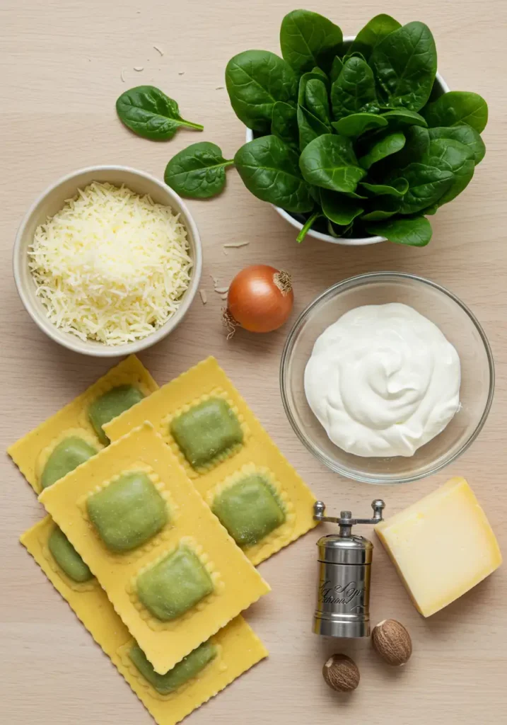 Ingrédients frais pour gratin de ravioles aux épinards Ingrédients pour préparer un gratin de ravioles aux épinards