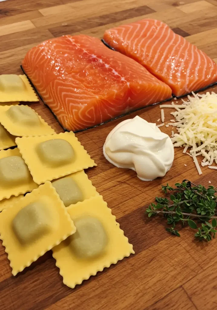 Ingrédients frais pour gratin de ravioles au saumon