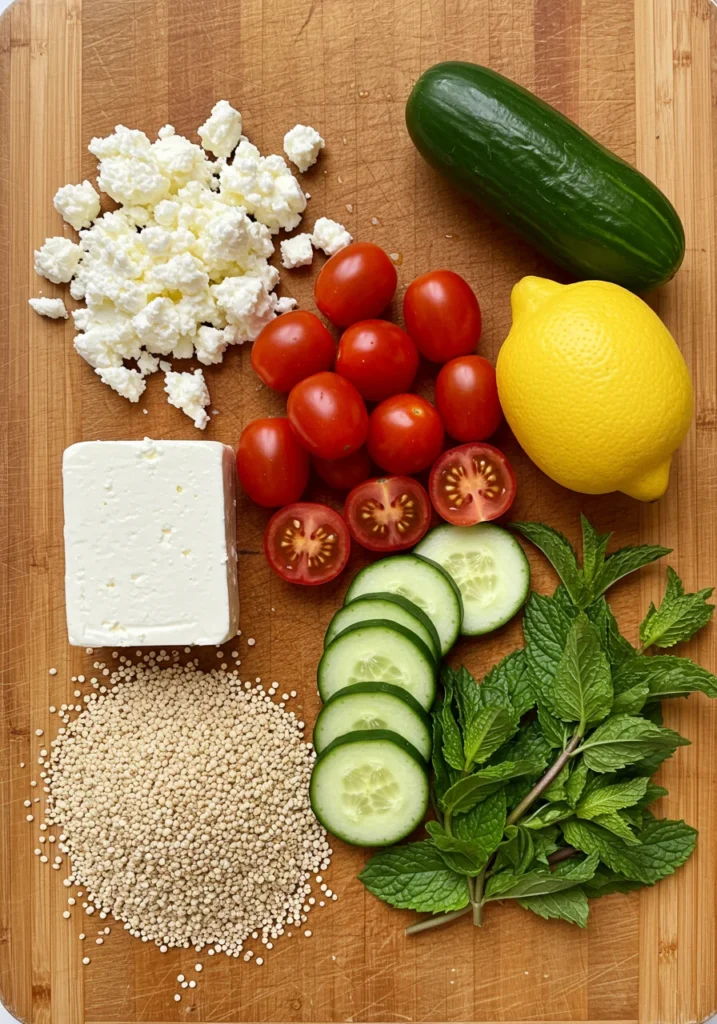 ingrédients salade quinoa feta sur planche en bois