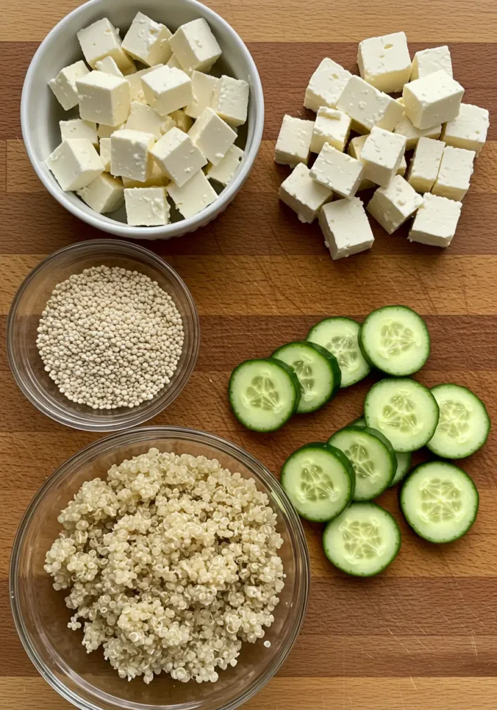 ingrédients bruts pour salade quinoa feta concombre