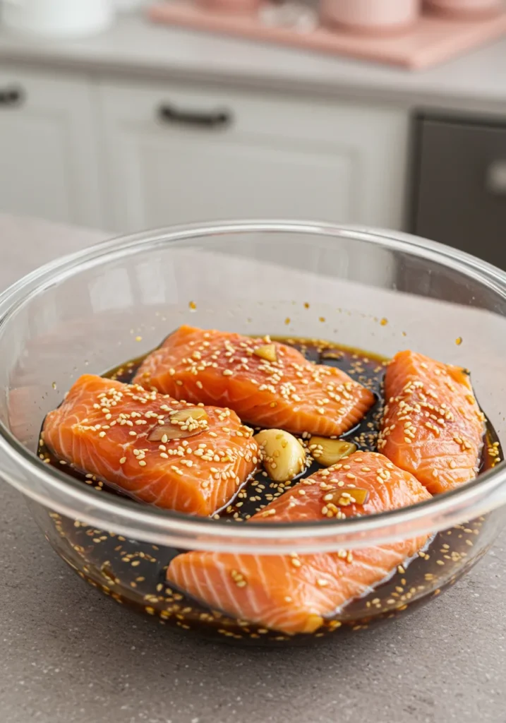 Gros plan sur un filet de saumon cru dans une marinade teriyaki avec gingembre et ail