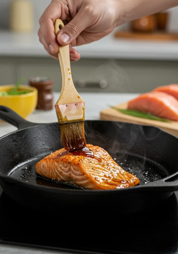 Zoom sur la main d’un chef nappant un filet de saumon teriyaki caramélisé à la poêle