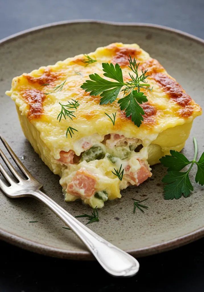 Portion de gratin de ravioles au saumon servie à l’assiette