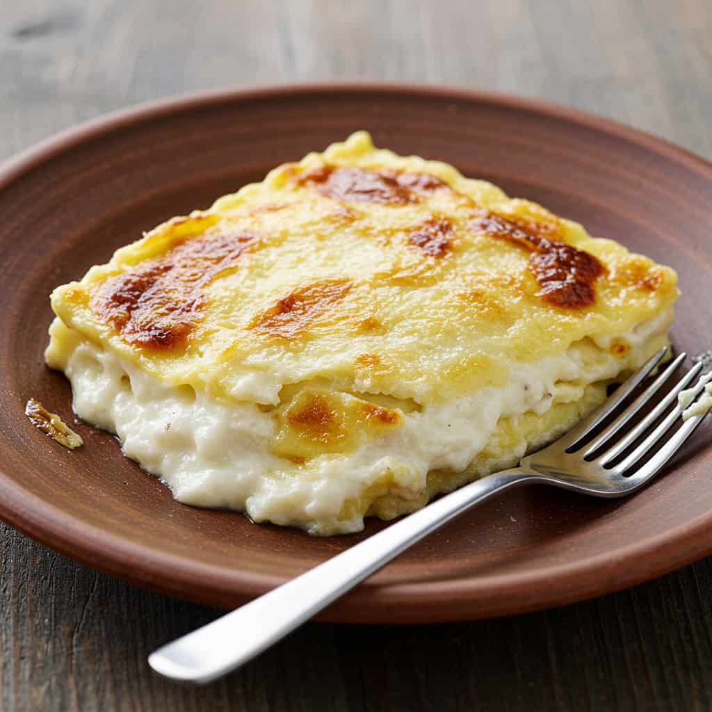 portion de gratin de ravioles servie à table
