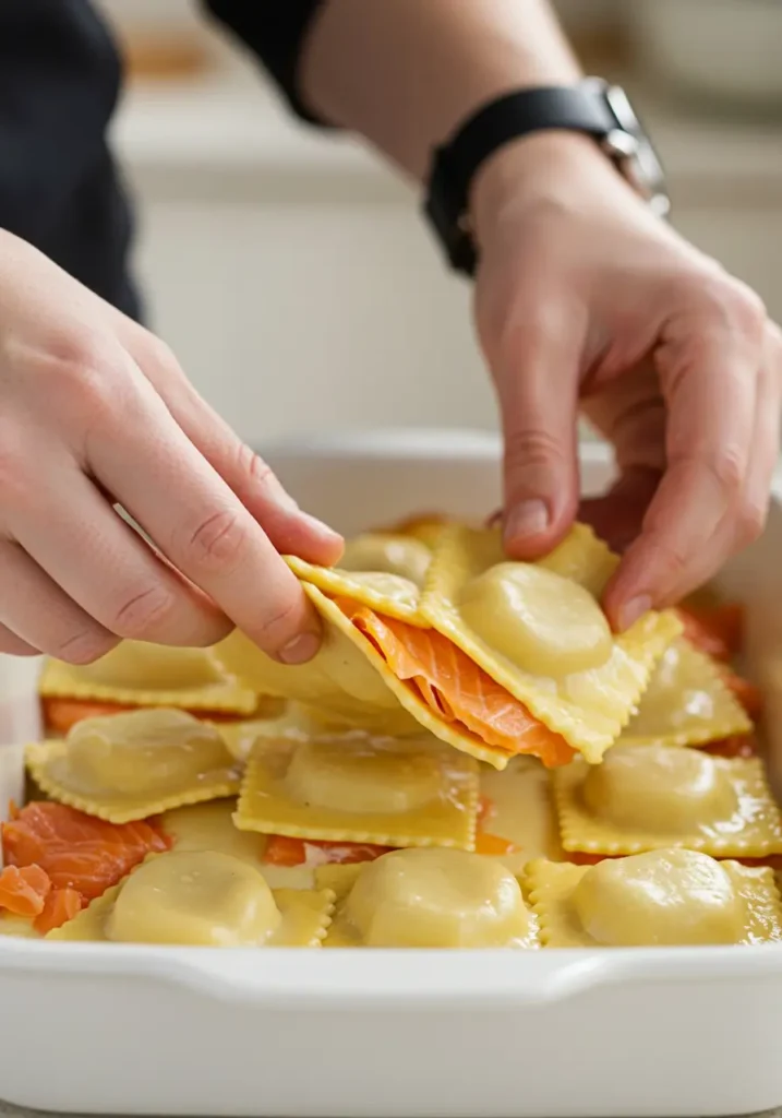 Préparation du gratin de ravioles au saumon