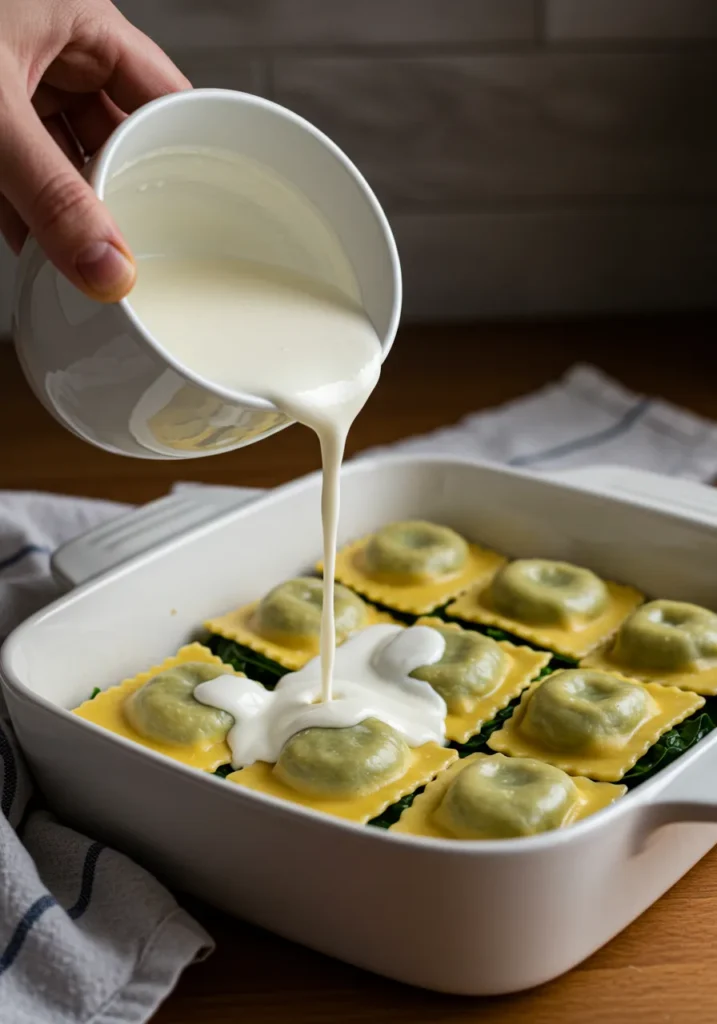 Étape de préparation du gratin de ravioles aux épinards
