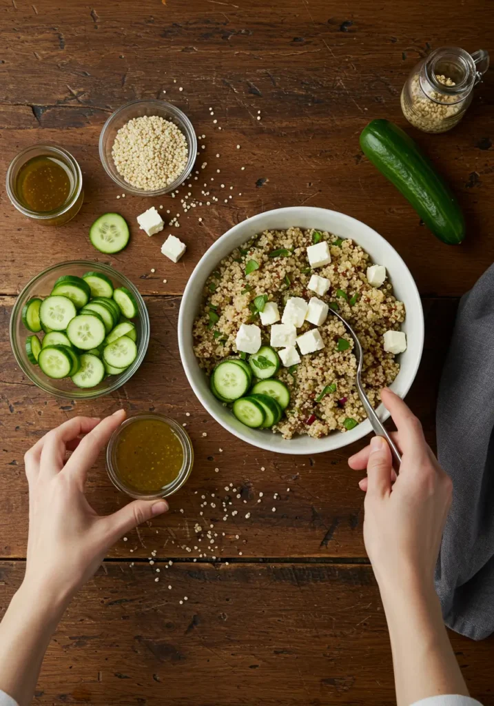 préparation de la salade quinoa feta concombre à la main