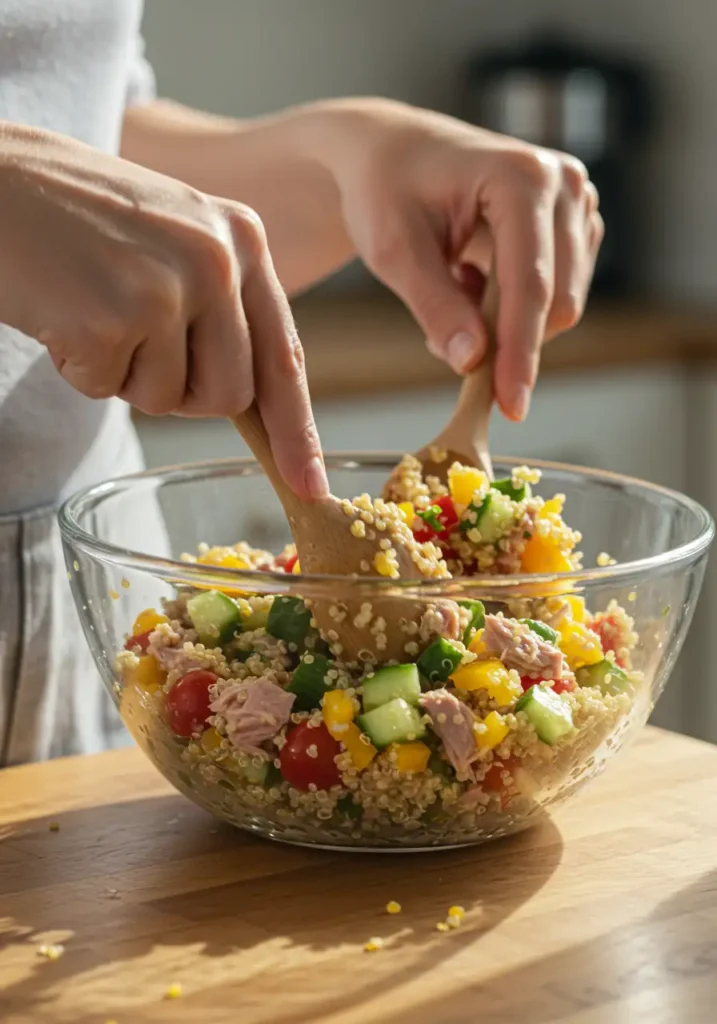Préparation salade quinoa thon
