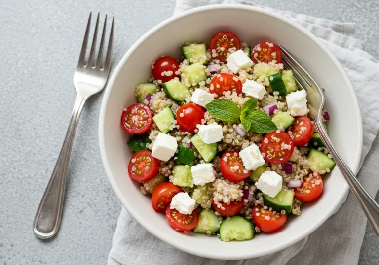 salade quinoa feta dans bol blanc avec légumes frais