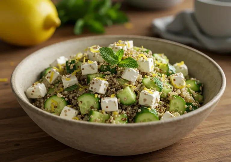 salade quinoa feta concombre fraîche servie dans un bol rustique