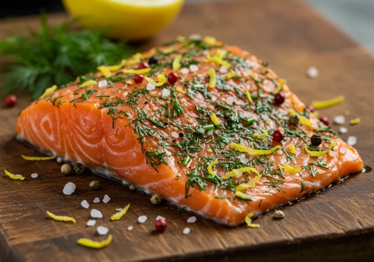 saumon mariné avec aneth et citron sur planche en bois