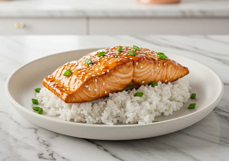 Zoom sur un filet de saumon teriyaki brillant, servi sur riz blanc dans une assiette élégante
