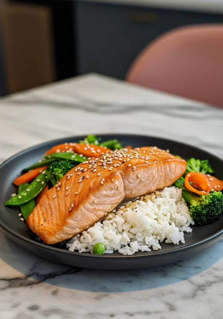 Zoom sur un plat dressé avec saumon teriyaki, riz et légumes croquants dans une cuisine haut de gamme