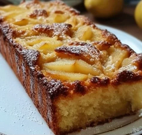 Gâteau moelleux aux pommes prêt à déguster, parfait pour le dessert.