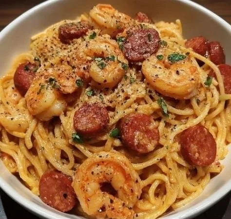 Recette de pâtes crémeuses avec chorizo et crevettes garnies d'herbes fraîches