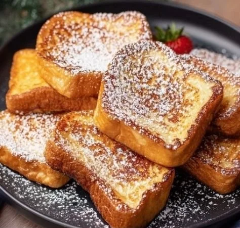Recette de pain perdu maison servie avec du sirop et des fruits frais.