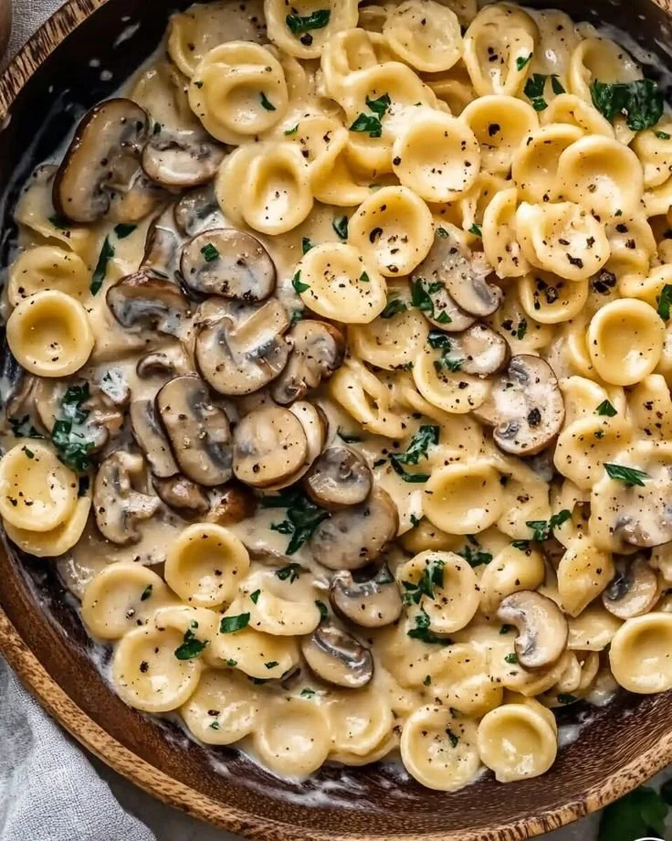 Pâtes orecchiette crémeuses aux champignons servies dans une assiette