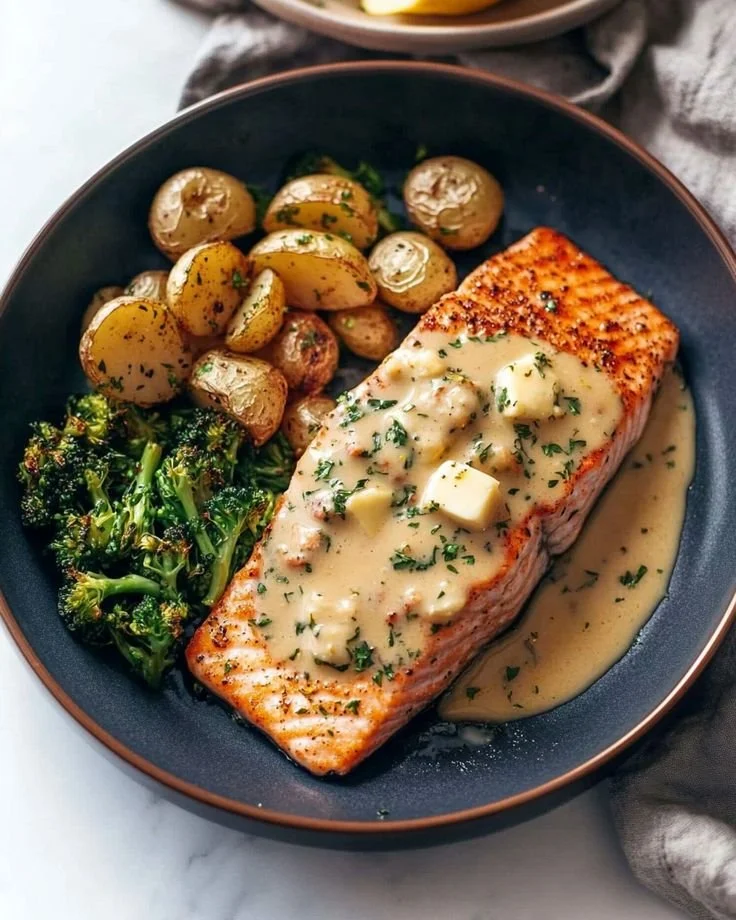 Saumon cuit au four avec sauce aux herbes et citron sur un plat