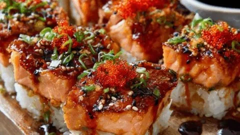 Gratin de sushi au saumon épicé, une recette savoureuse et innovante.