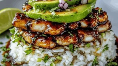 Mijoté de poulet sucré et acidulé avec du riz à l'avocat.