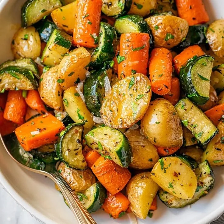 Pommes de terre rôties à l'ail, carottes et courgettes dans un plat coloré.