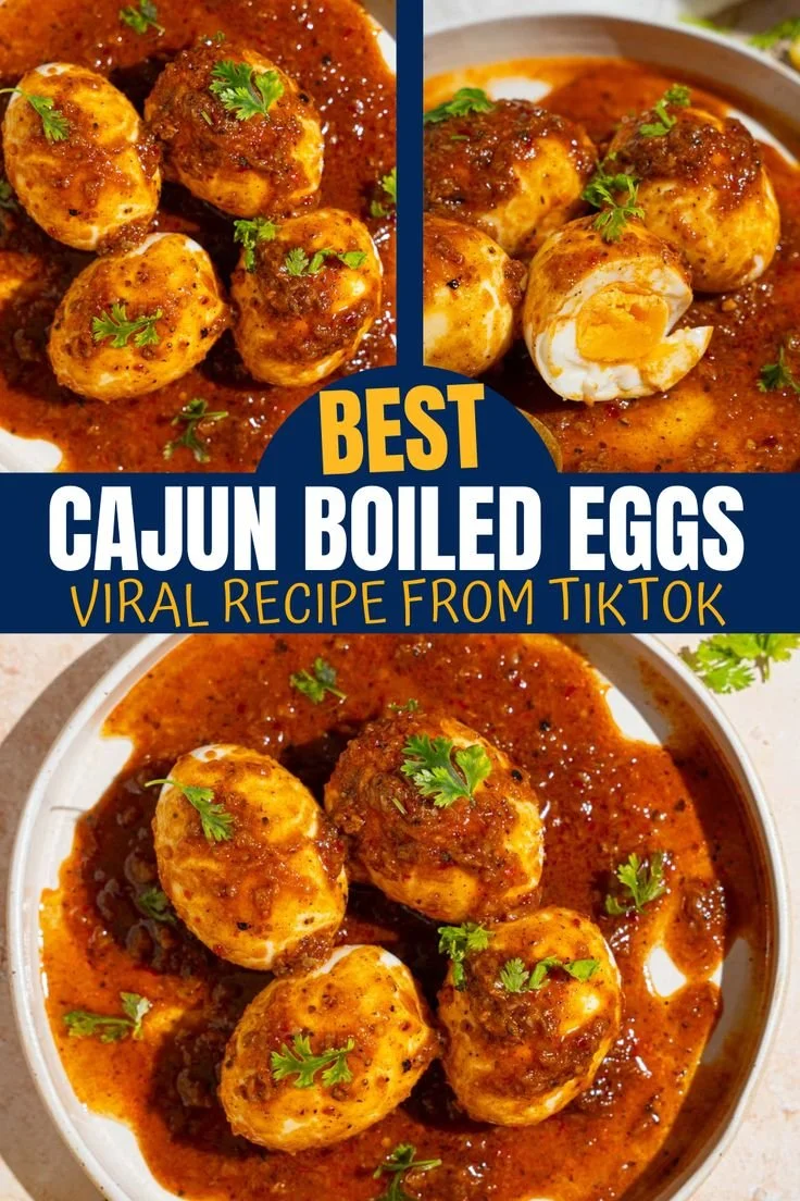 Cajun boiled eggs seasoned with spices and served on a plate