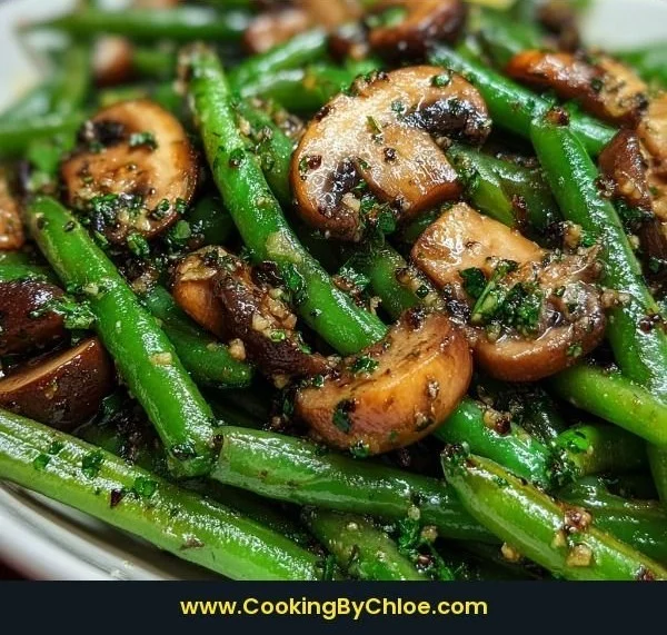Garlic butter sautéed green beans with mushrooms on a plate