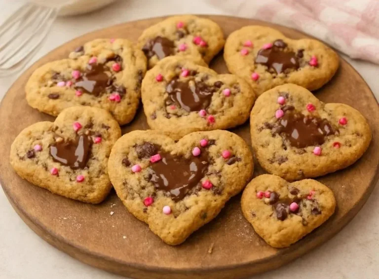 Heart-shaped chocolate chip cookies arranged on a plate