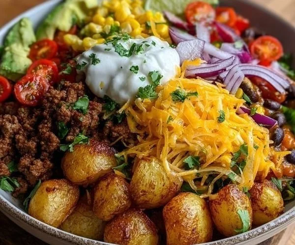 Loaded Potato Taco Bowl topped with fresh ingredients and spices