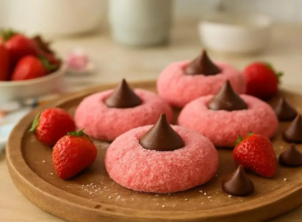 Plate of freshly baked Strawberry Kiss Cookies topped with strawberry candy.